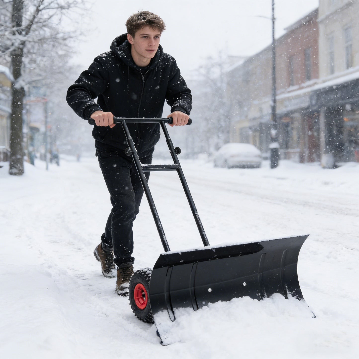 29 Inch Snow Pusher Heavy Duty Metal Shovel with Wheels and Adjustable Handle, Black Snow Removal at Gallery Canada