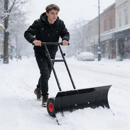 29 Inch Snow Pusher Heavy Duty Metal Shovel with Wheels and Adjustable Handle, Black Snow Removal at Gallery Canada