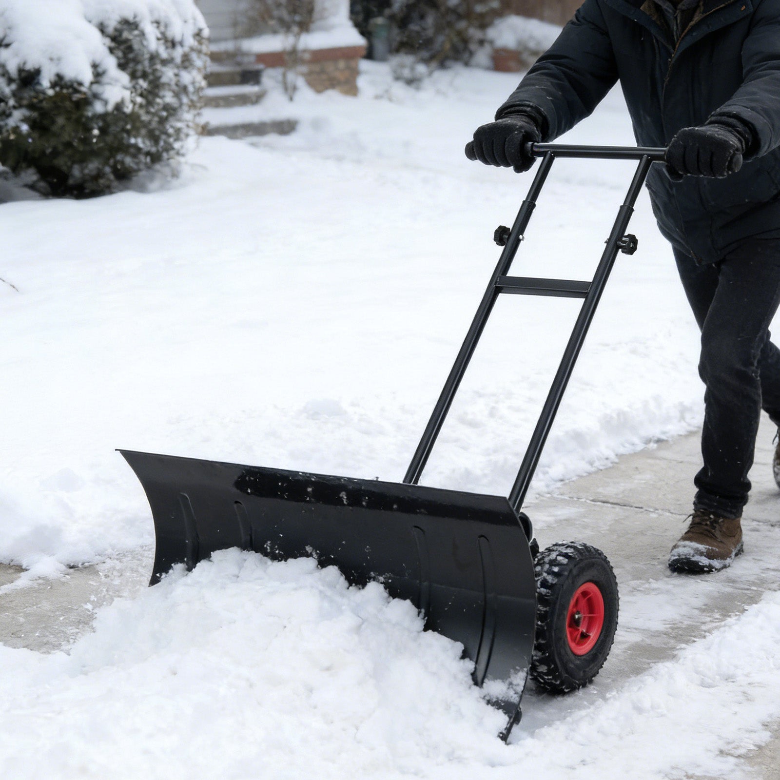 29 Inch Snow Pusher Heavy Duty Metal Shovel with Wheels and Adjustable Handle, Black Snow Removal at Gallery Canada