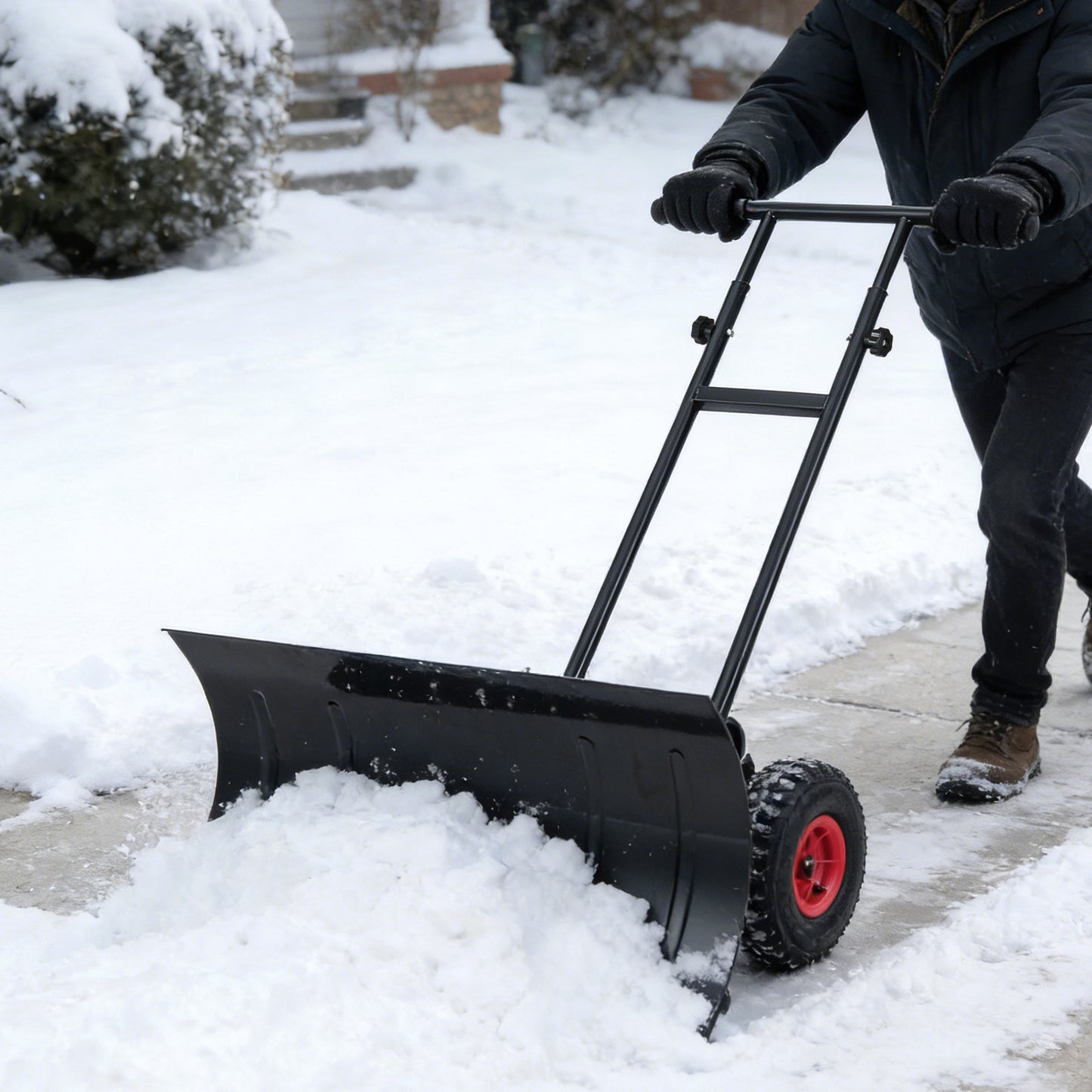 29 Inch Snow Pusher Heavy Duty Metal Shovel with Wheels and Adjustable Handle, Black Snow Removal at Gallery Canada