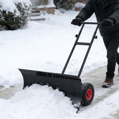 29 Inch Snow Pusher Heavy Duty Metal Shovel with Wheels and Adjustable Handle, Black Snow Removal at Gallery Canada