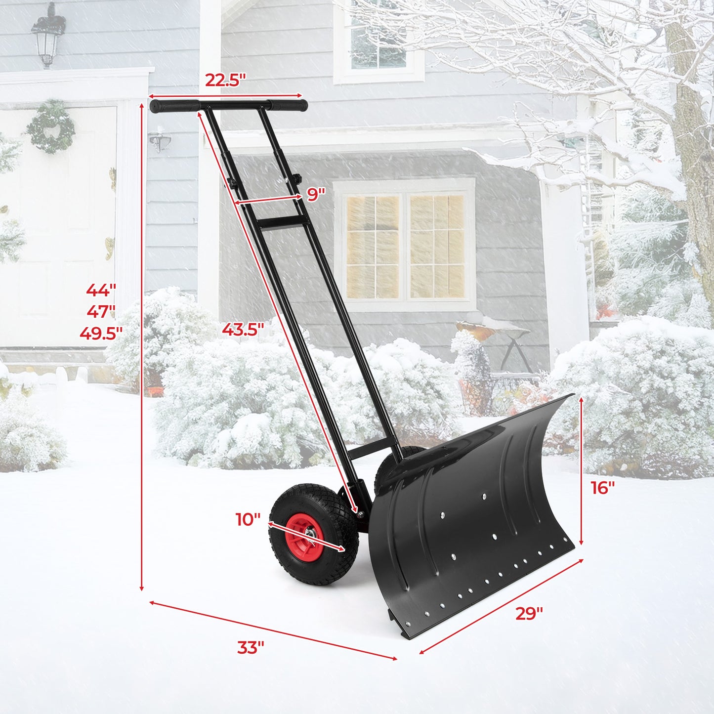 29 Inch Snow Pusher Heavy Duty Metal Shovel with Wheels and Adjustable Handle, Black Snow Removal at Gallery Canada
