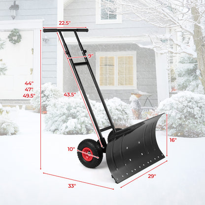 29 Inch Snow Pusher Heavy Duty Metal Shovel with Wheels and Adjustable Handle, Black Snow Removal at Gallery Canada