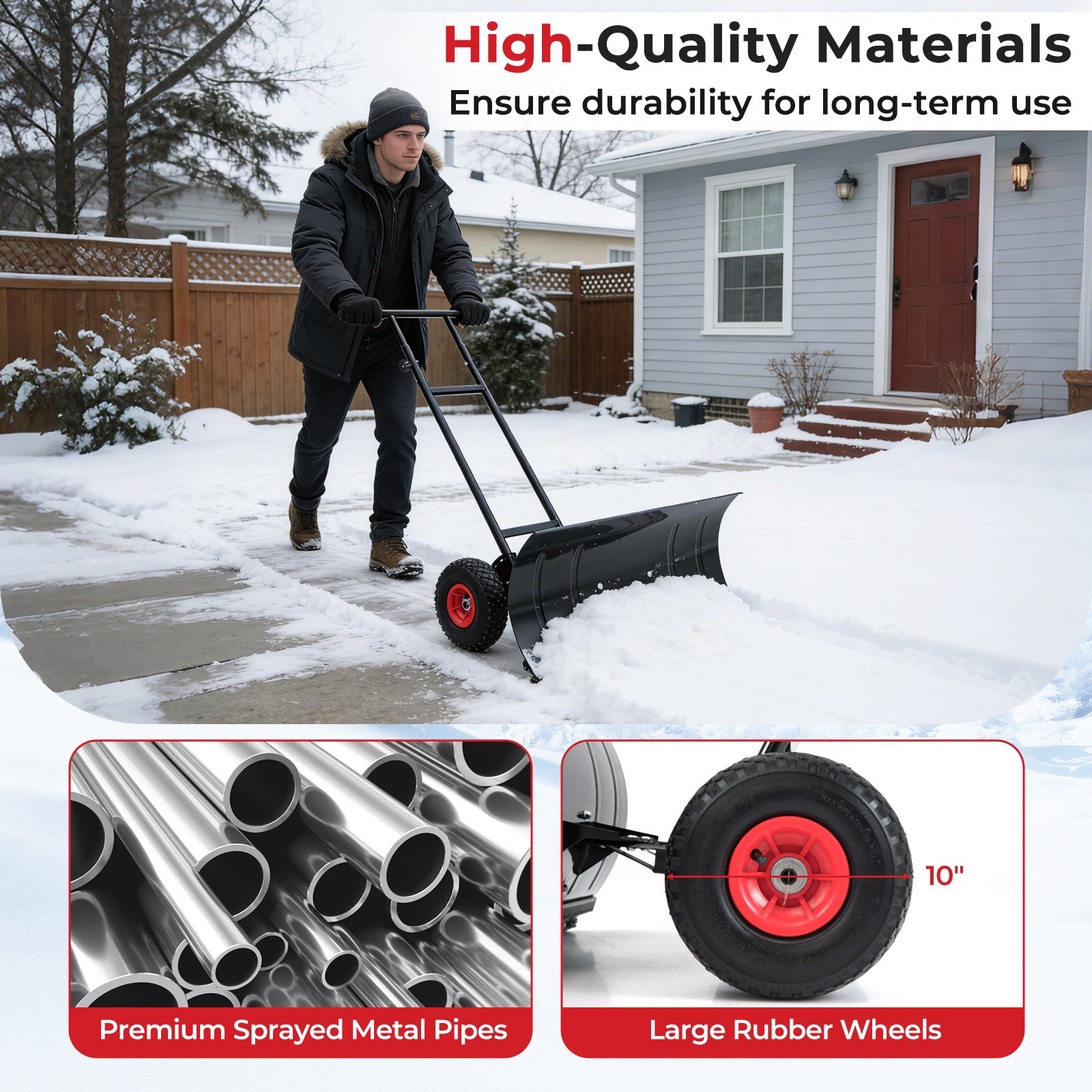 29 Inch Snow Pusher Heavy Duty Metal Shovel with Wheels and Adjustable Handle, Black Snow Removal at Gallery Canada