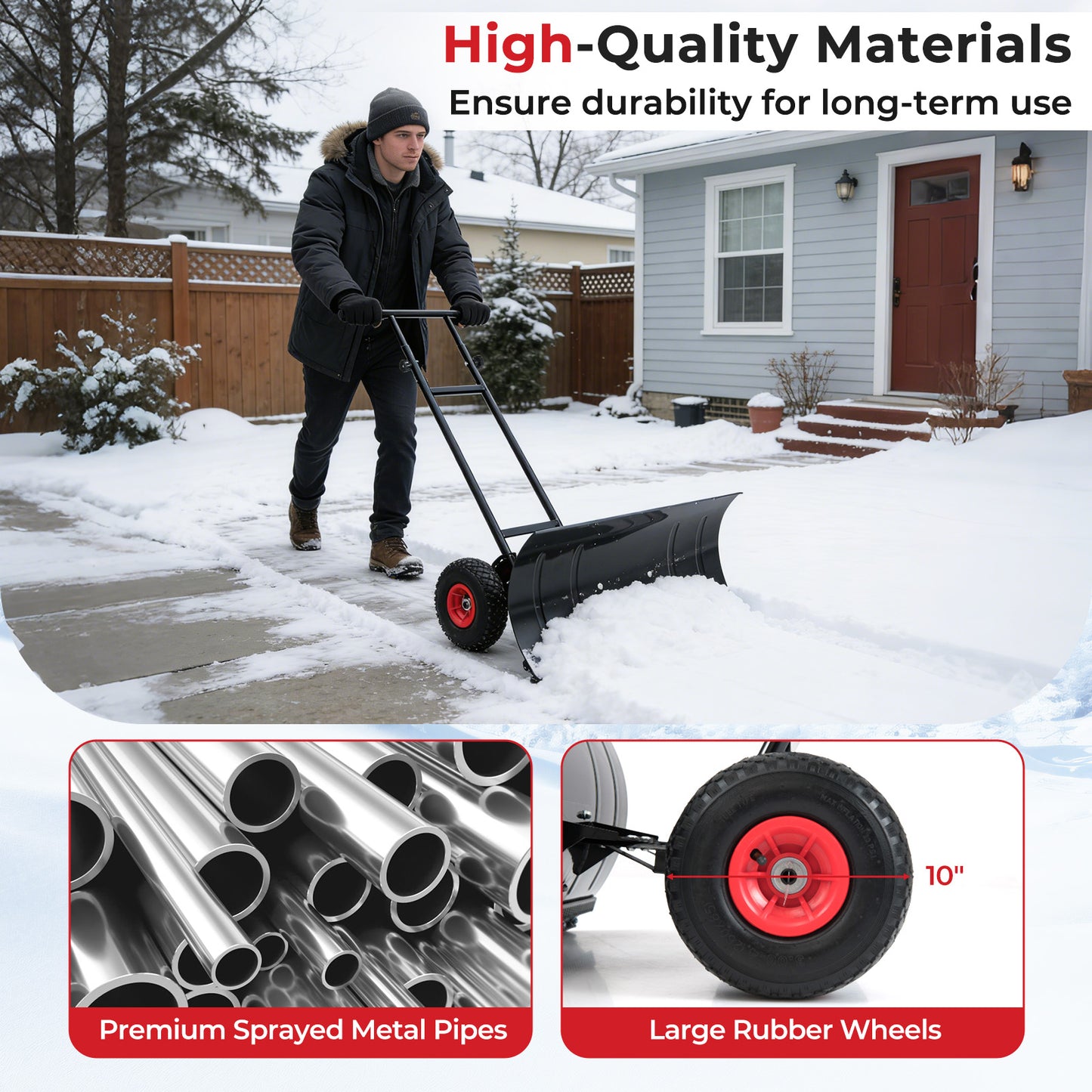 29 Inch Snow Pusher Heavy Duty Metal Shovel with Wheels and Adjustable Handle, Black Snow Removal at Gallery Canada