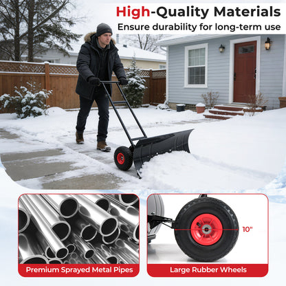 29 Inch Snow Pusher Heavy Duty Metal Shovel with Wheels and Adjustable Handle, Black Snow Removal at Gallery Canada