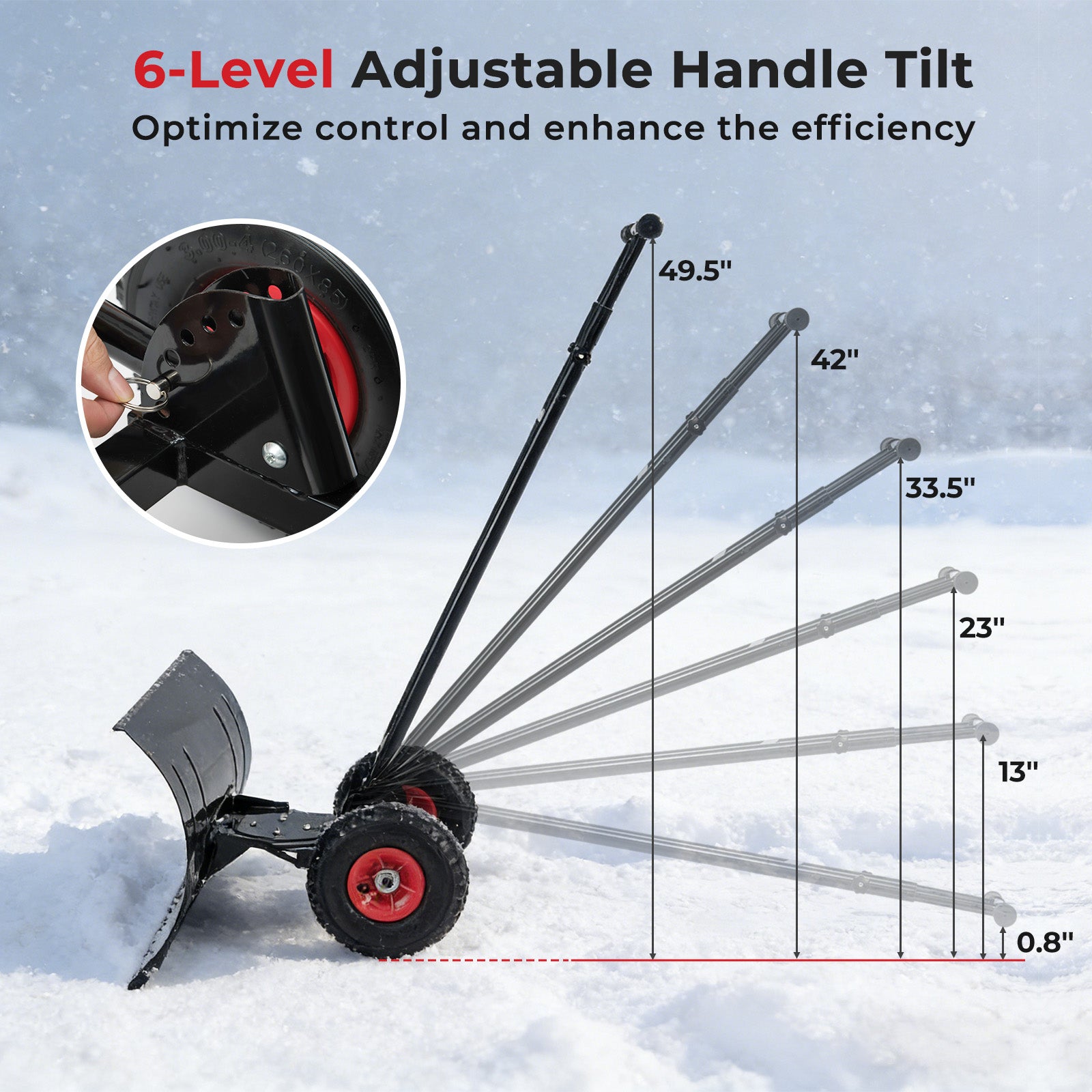 29 Inch Snow Pusher Heavy Duty Metal Shovel with Wheels and Adjustable Handle, Black Snow Removal at Gallery Canada