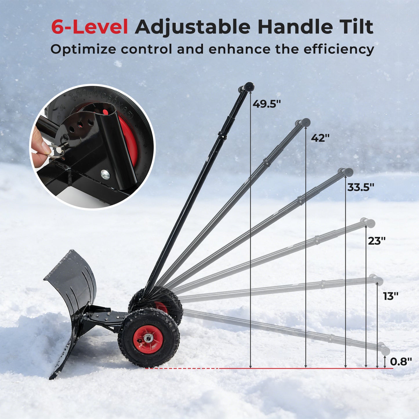 29 Inch Snow Pusher Heavy Duty Metal Shovel with Wheels and Adjustable Handle, Black Snow Removal at Gallery Canada