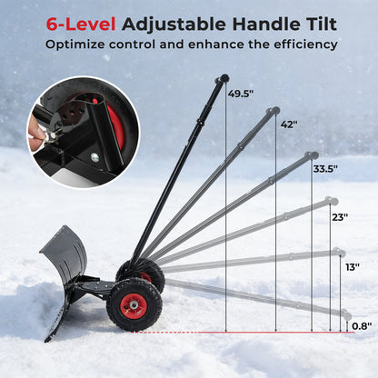 29 Inch Snow Pusher Heavy Duty Metal Shovel with Wheels and Adjustable Handle, Black Snow Removal at Gallery Canada