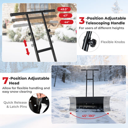 29 Inch Snow Pusher Heavy Duty Metal Shovel with Wheels and Adjustable Handle, Black Snow Removal at Gallery Canada