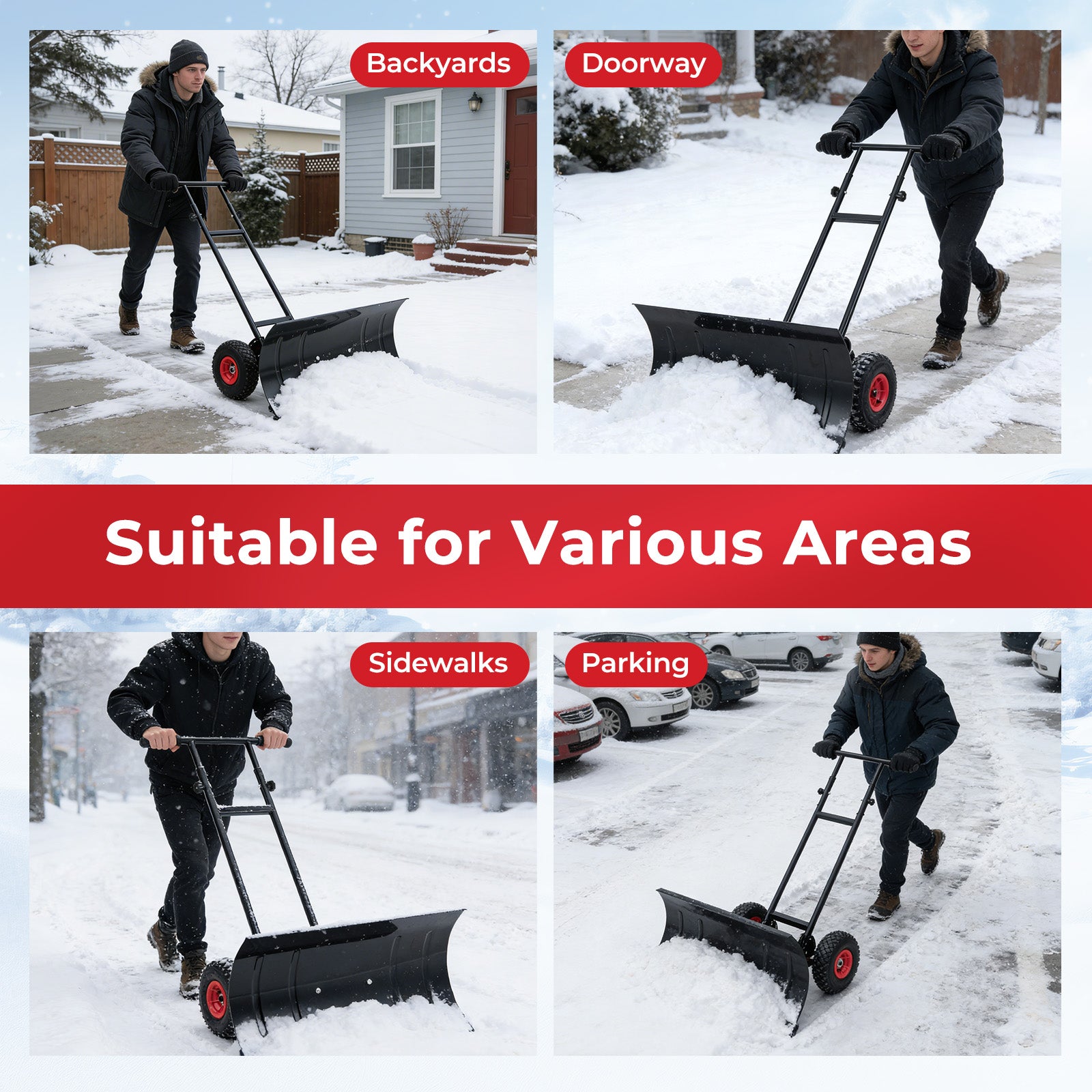 29 Inch Snow Pusher Heavy Duty Metal Shovel with Wheels and Adjustable Handle, Black Snow Removal at Gallery Canada