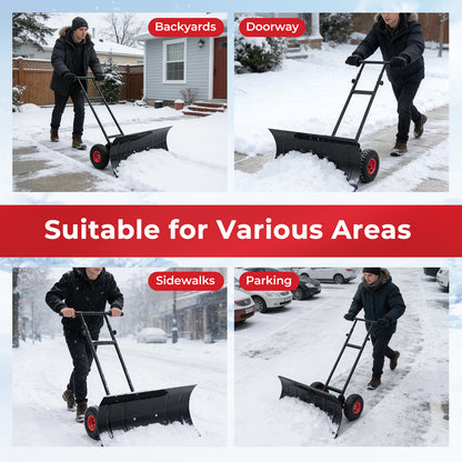 29 Inch Snow Pusher Heavy Duty Metal Shovel with Wheels and Adjustable Handle, Black Snow Removal at Gallery Canada