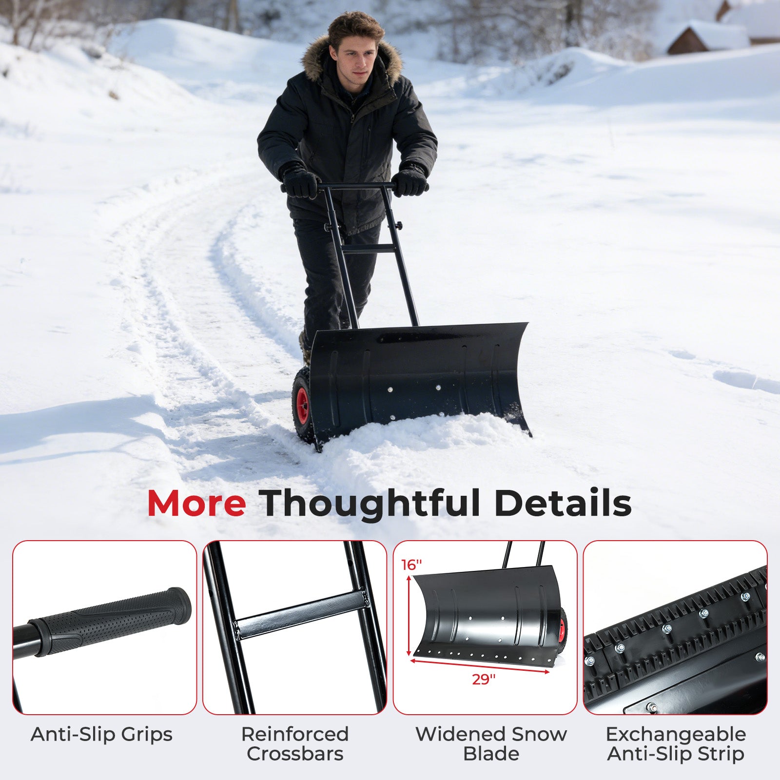 29 Inch Snow Pusher Heavy Duty Metal Shovel with Wheels and Adjustable Handle, Black Snow Removal at Gallery Canada