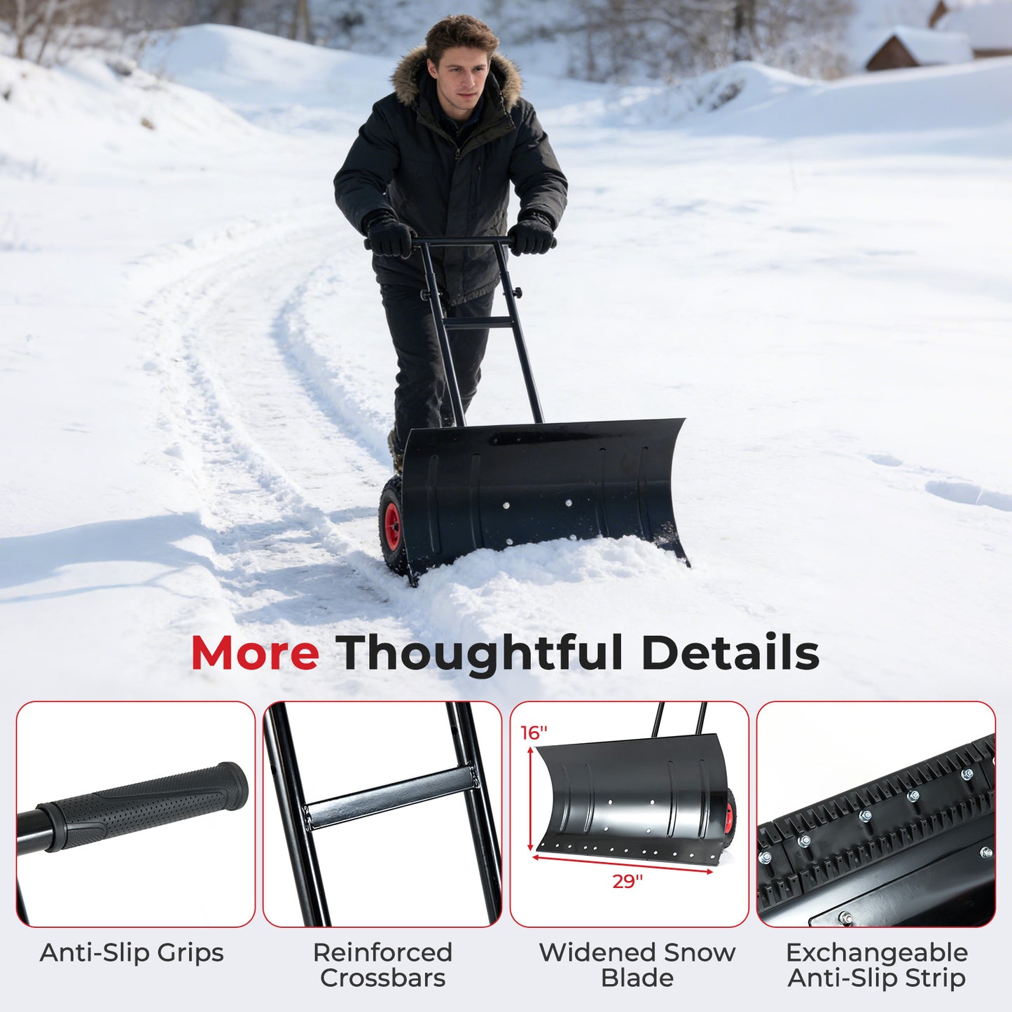 29 Inch Snow Pusher Heavy Duty Metal Shovel with Wheels and Adjustable Handle, Black Snow Removal at Gallery Canada