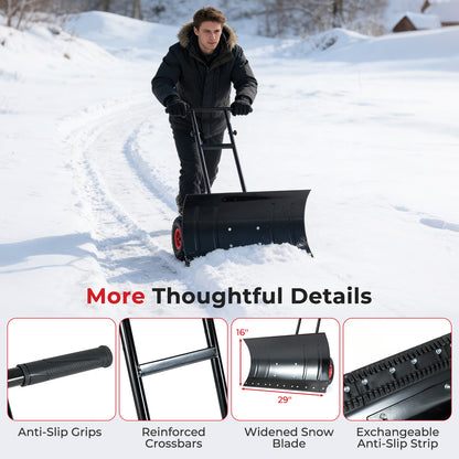29 Inch Snow Pusher Heavy Duty Metal Shovel with Wheels and Adjustable Handle, Black Snow Removal at Gallery Canada