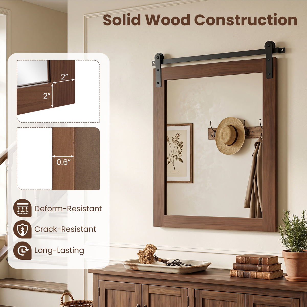 29" x 23" Rectangle Farmhouse Wall Mirror, Metal Bracket, Rustic Brown Wall Mirrors at Gallery Canada