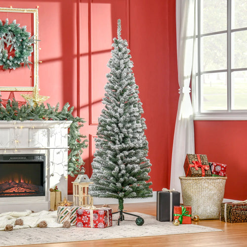 6ft Flocked Pencil Christmas Tree, Realistic Branch Tips, Green