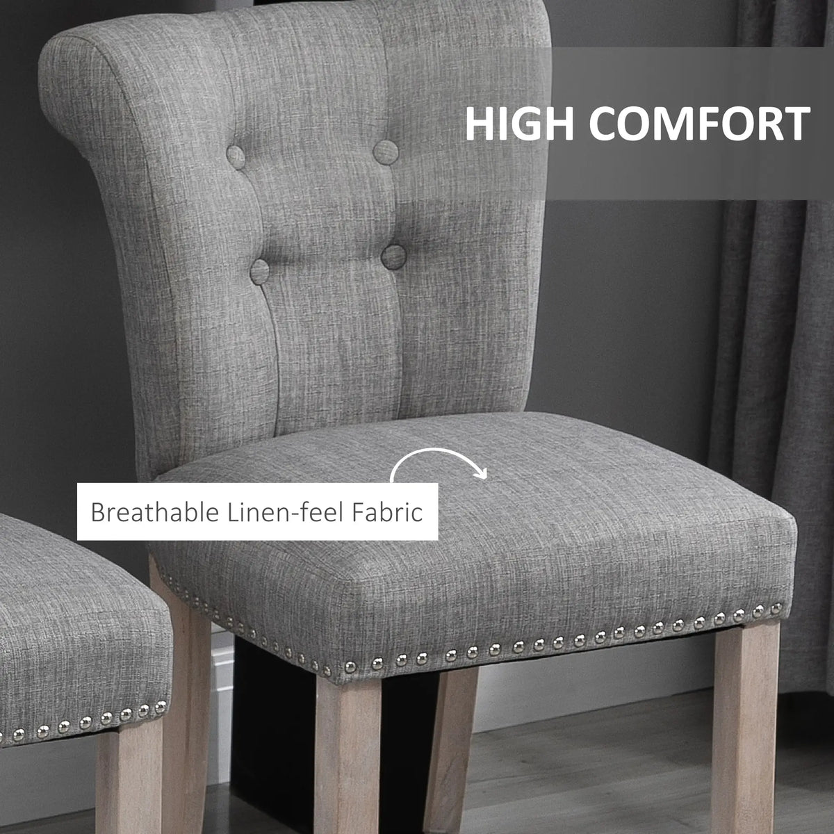 Upholstered Counter Height Bar Stools, Set of 2, Wood Legs, Grey