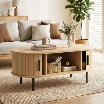 Coffee Table with Sliding Tambour Doors and Storage Center Table with Metal Legs, 39", Natural Coffee Tables at Gallery Canada