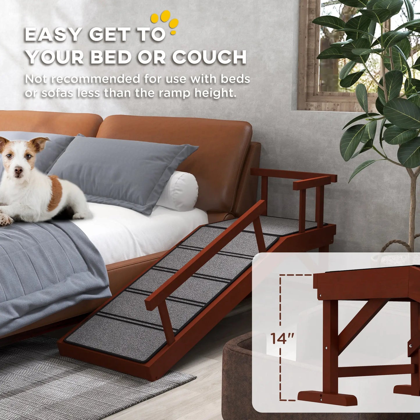 Wooden Dog Ramp, 49" Long, Non-Slip Rug, Removable Guardrails, Brown Dog Stairs at Gallery Canada