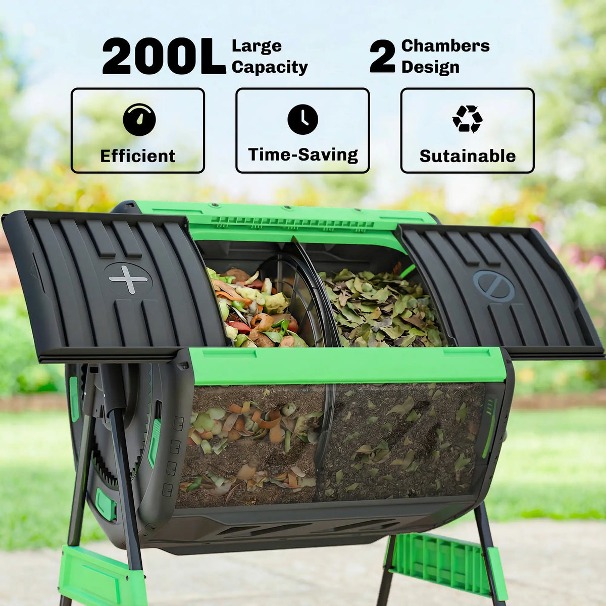 53 Gal Dual Chamber Tumbling Composter, Adjustable Vents, BPA Free, Green