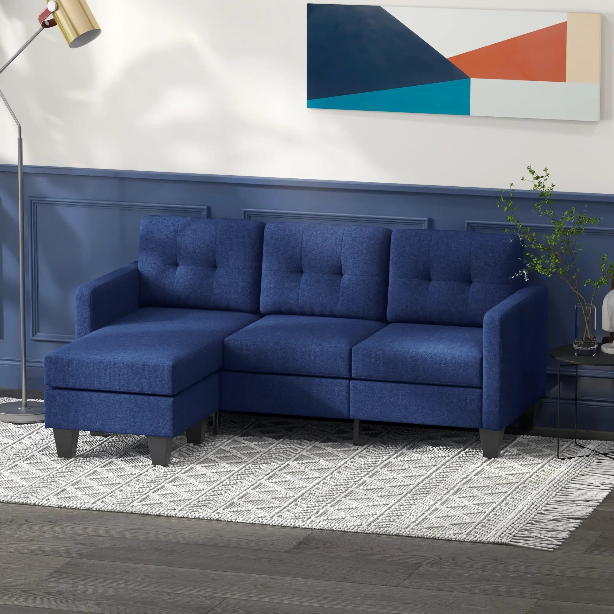 L-Shaped Sofa, 3 Seater Sectional Couch with Ottoman, Dark Blue 3-Seater Sofas at Gallery Canada