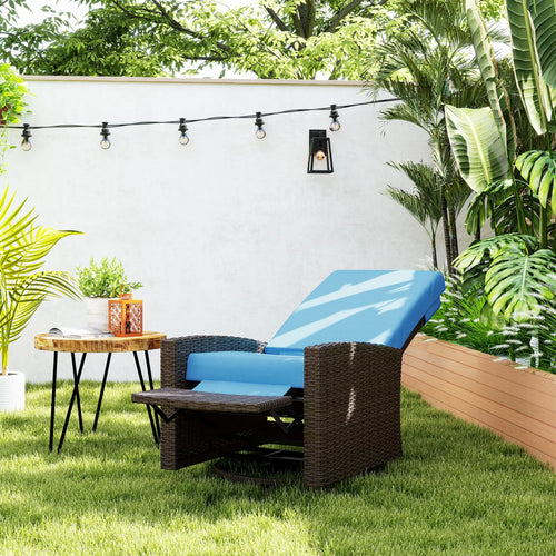 Outdoor Rattan Lounge Chair with Footrest, Soft Cushion, Sky Blue
