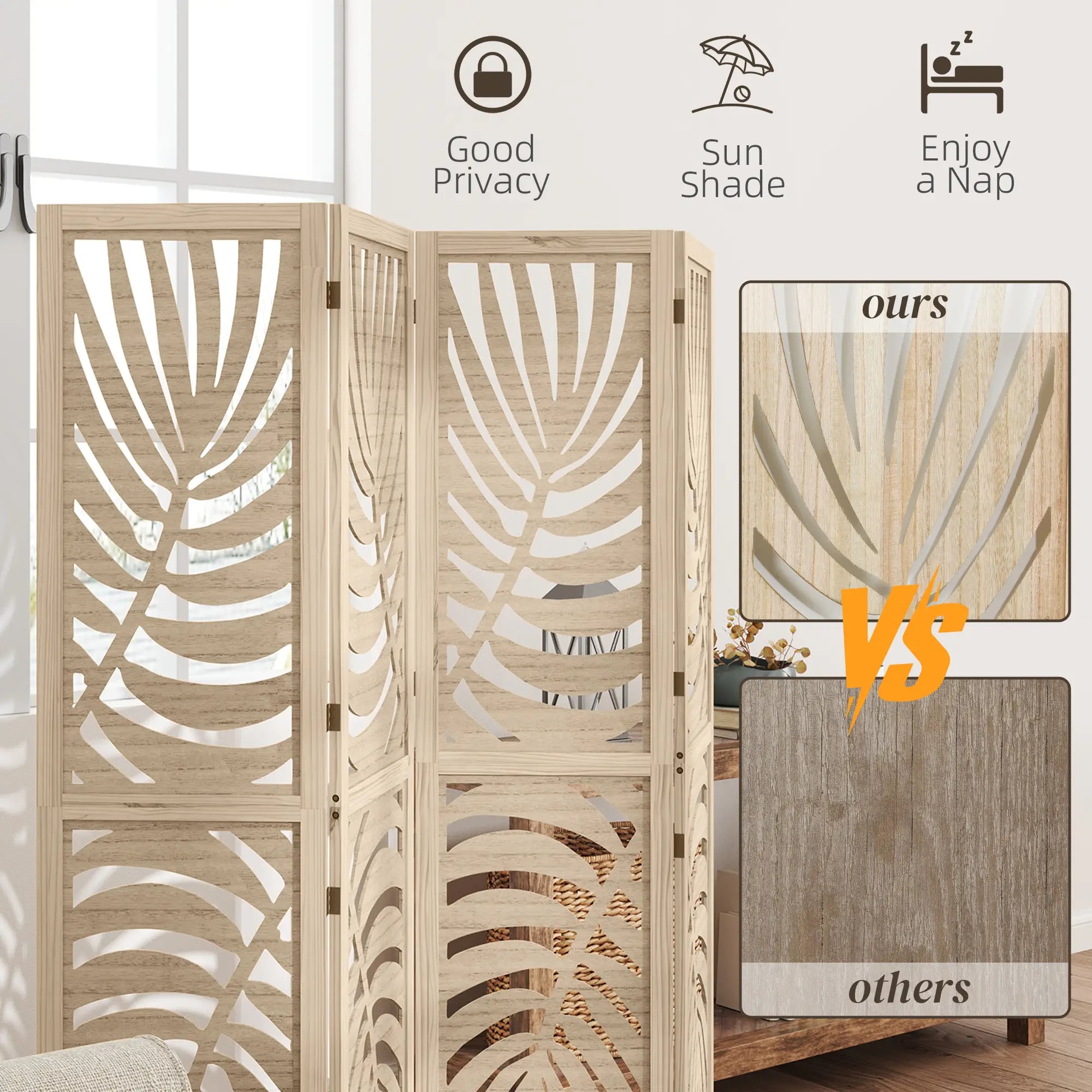 4 Panel Room Divider, Detachable Folding Privacy Screen, Palm Leaf Design, Natural Wood Finish Room Dividers at Gallery Canada