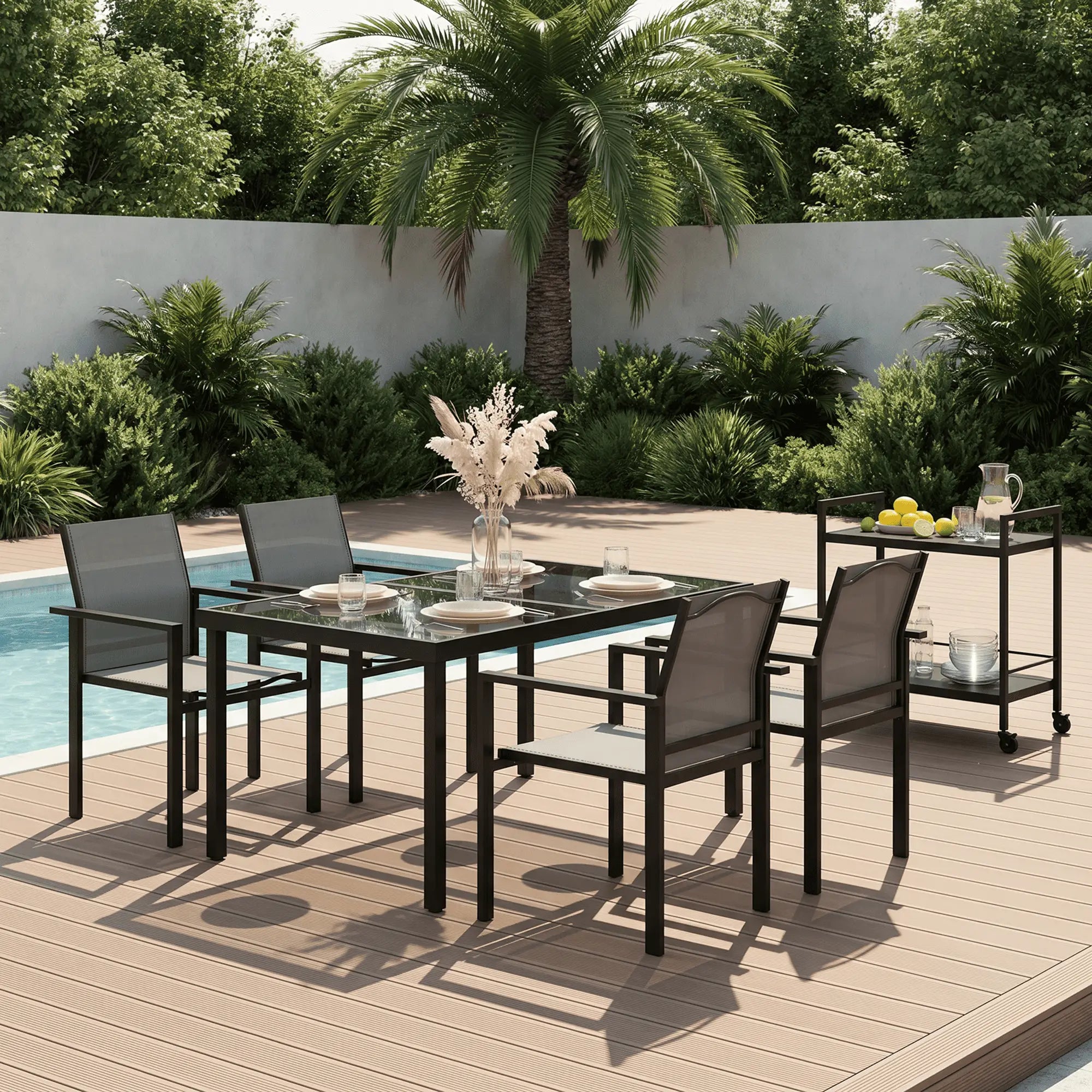 5 Piece Patio Dining Set, 4 Stackable Chairs, Tempered Glass Top Outdoor Dining Sets at Gallery Canada