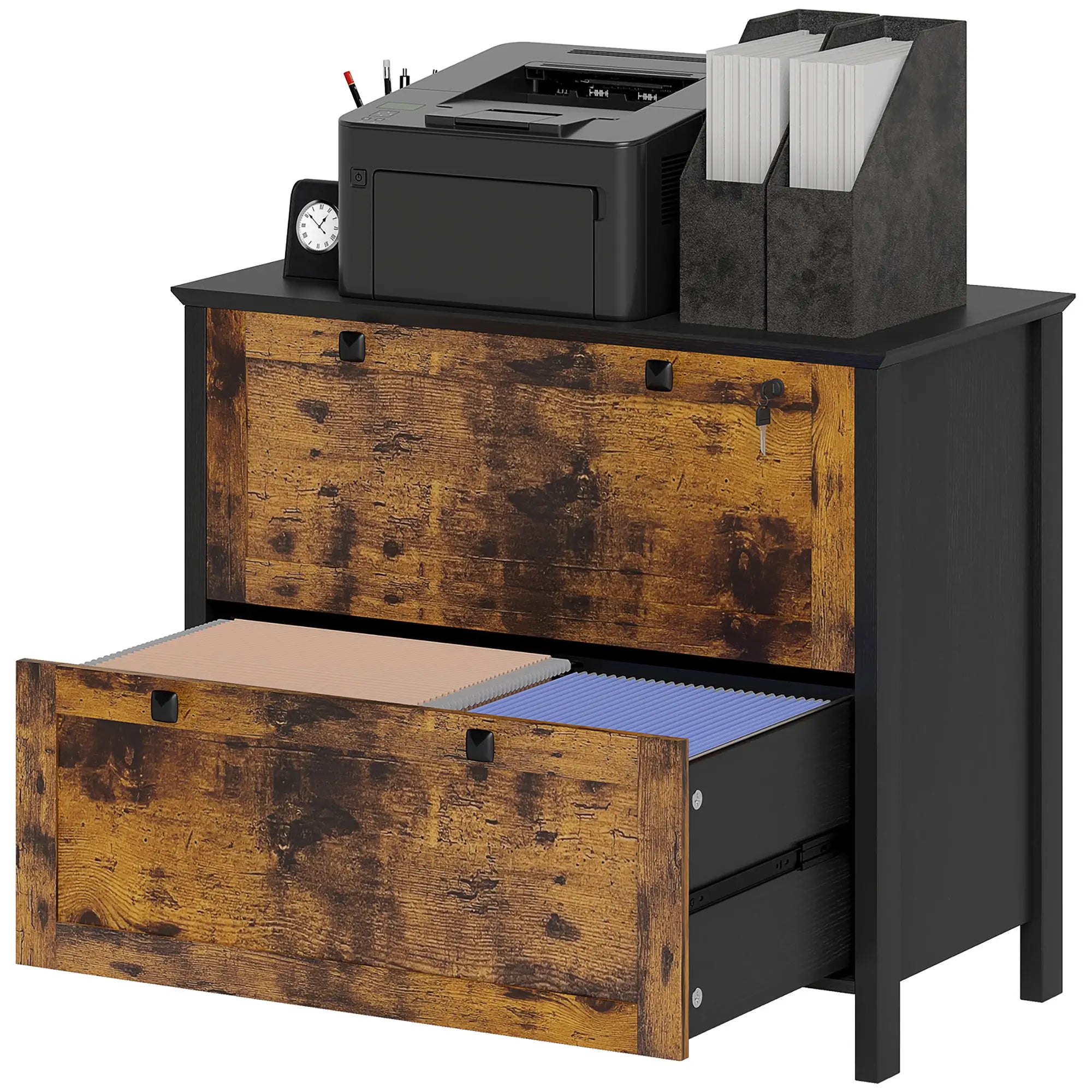 2 Drawer File Cabinet, Lockable, Adjustable Hanging Bar, Letter, A4 Size, Rustic Brown Office Cabinets & Cupboards at Gallery Canada