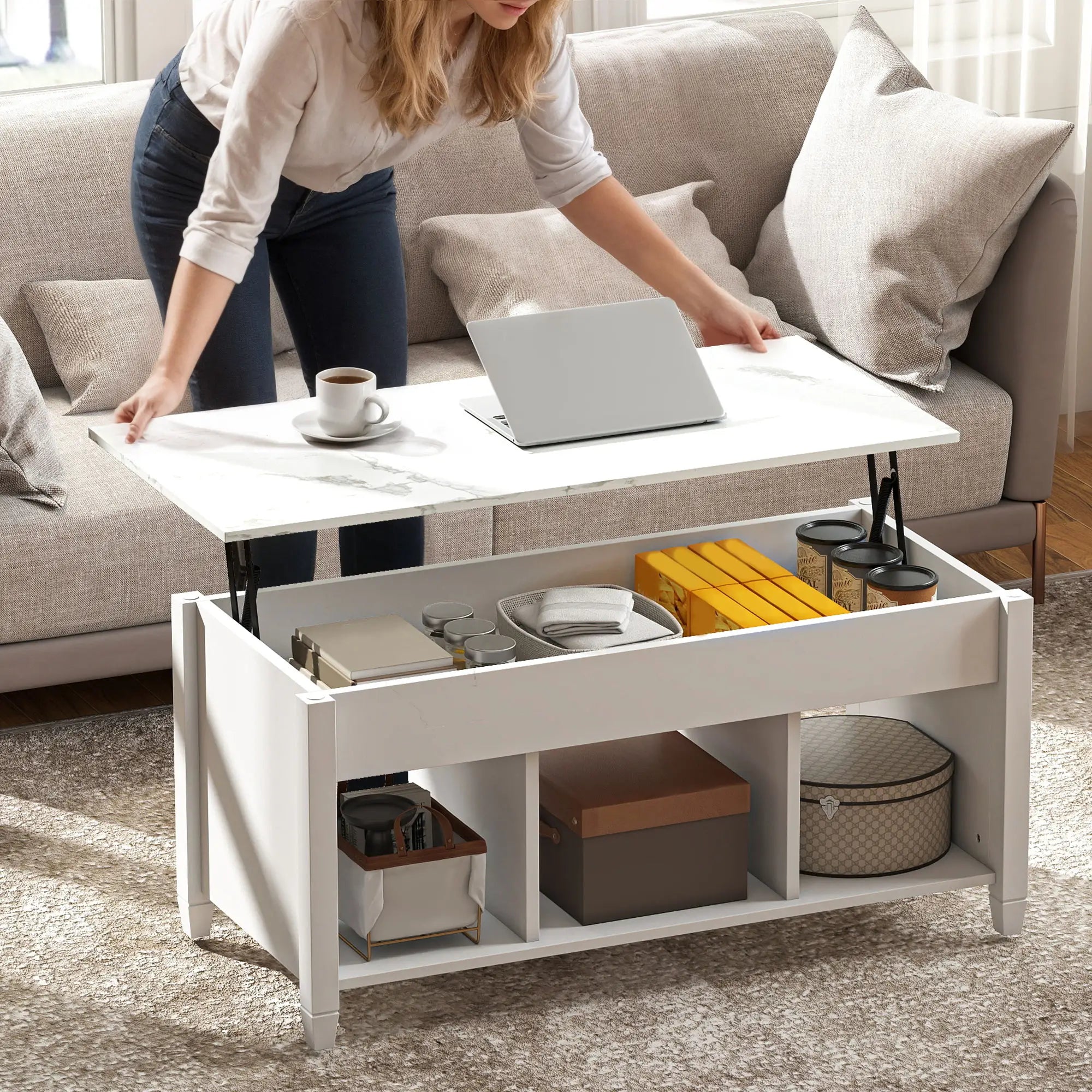 Lift Top Coffee Table, Storage Shelves, Hidden Compartment, 41