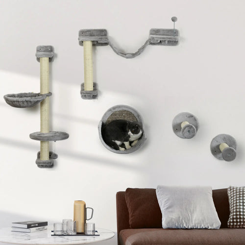 5PCs Cat Wall Shelves, Hammock, Scratching Posts, Perches, Ladder, Light Grey