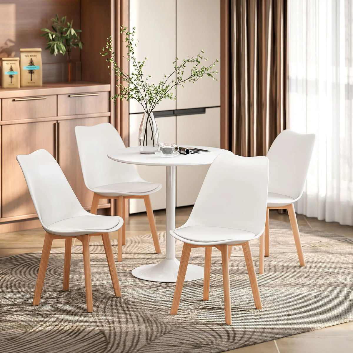Round Dining Table Set for 4, Pedestal Base, PU Padded Seats, White Dining Table Sets at Gallery Canada