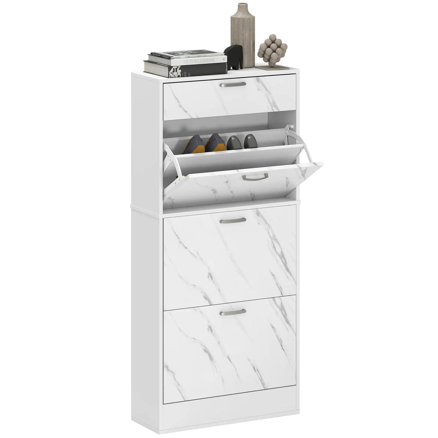3 Flip Drawer Shoe Cabinet, Marble-Effect Narrow, White Shoe Storage Cabinets & Racks at Gallery Canada