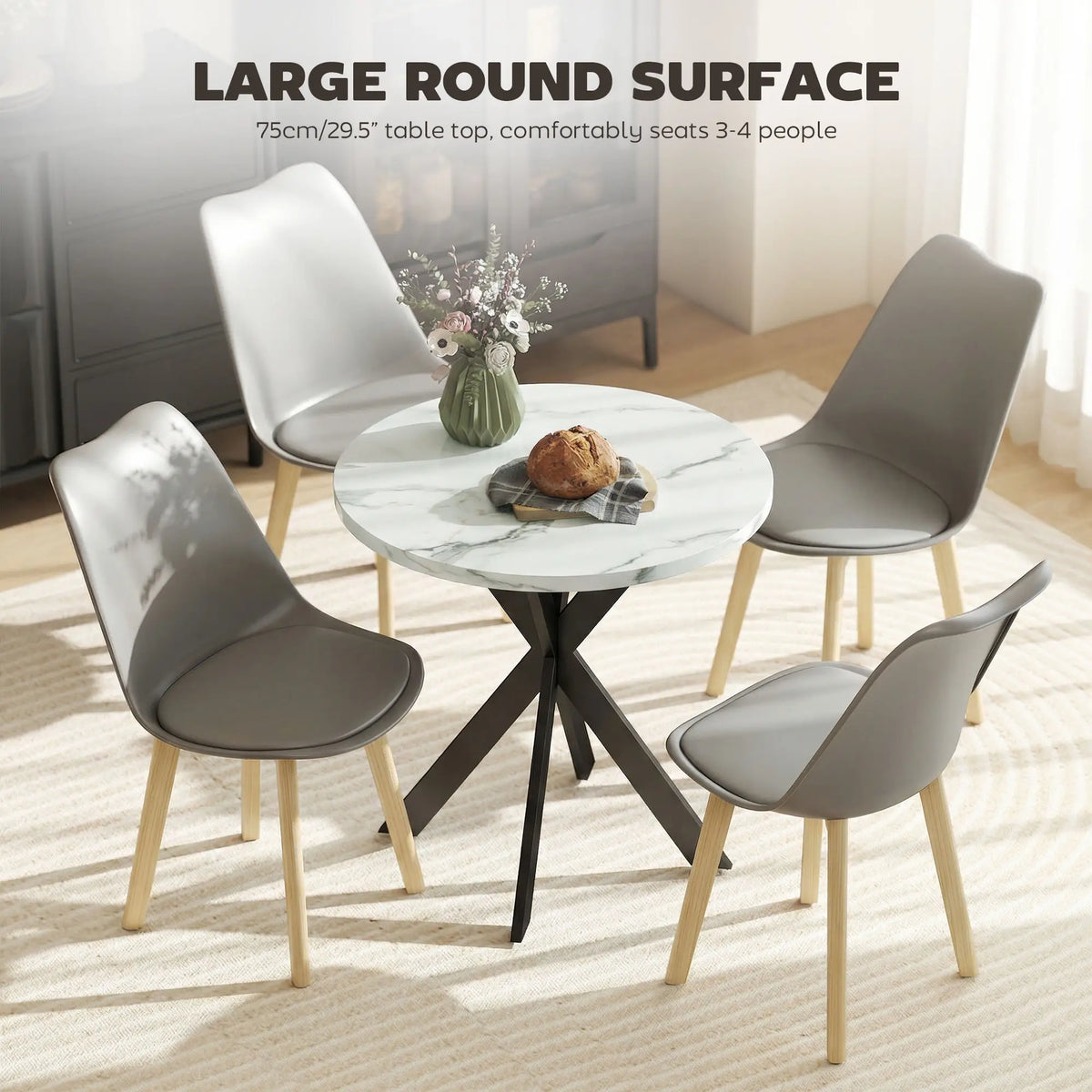 29" Round Dining Table, White Marble-Effect, Steel Legs, White Dining Tables at Gallery Canada