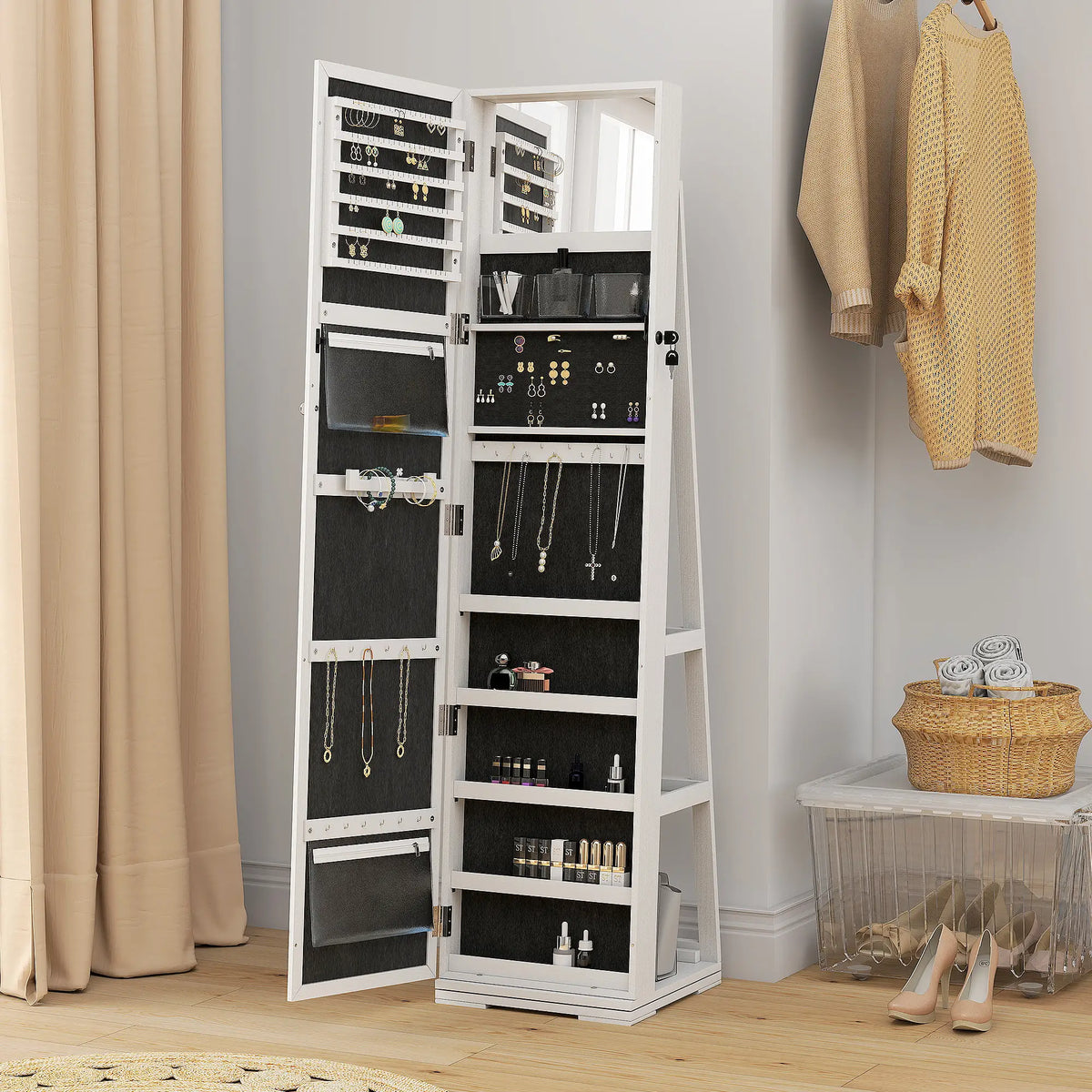 360° Swivel Jewelry Armoire, Lockable Mirror Cabinet, White Jewelry Armoire & Jewellery Mirror Cabinets at Gallery Canada