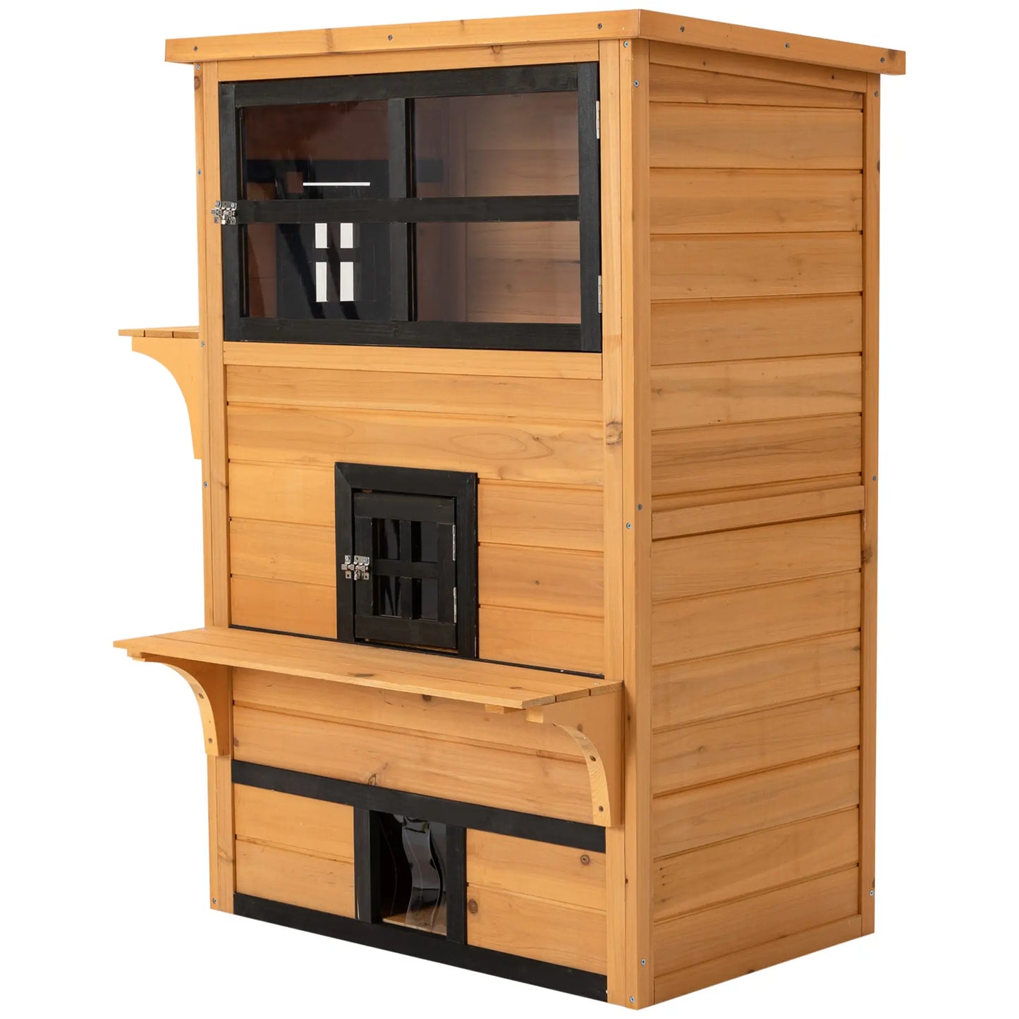 Outdoor Cat House, 3-Tier Kitty Shelter, Weather Resistant, Escape Door Cat Houses Yellow, Black at Gallery Canada