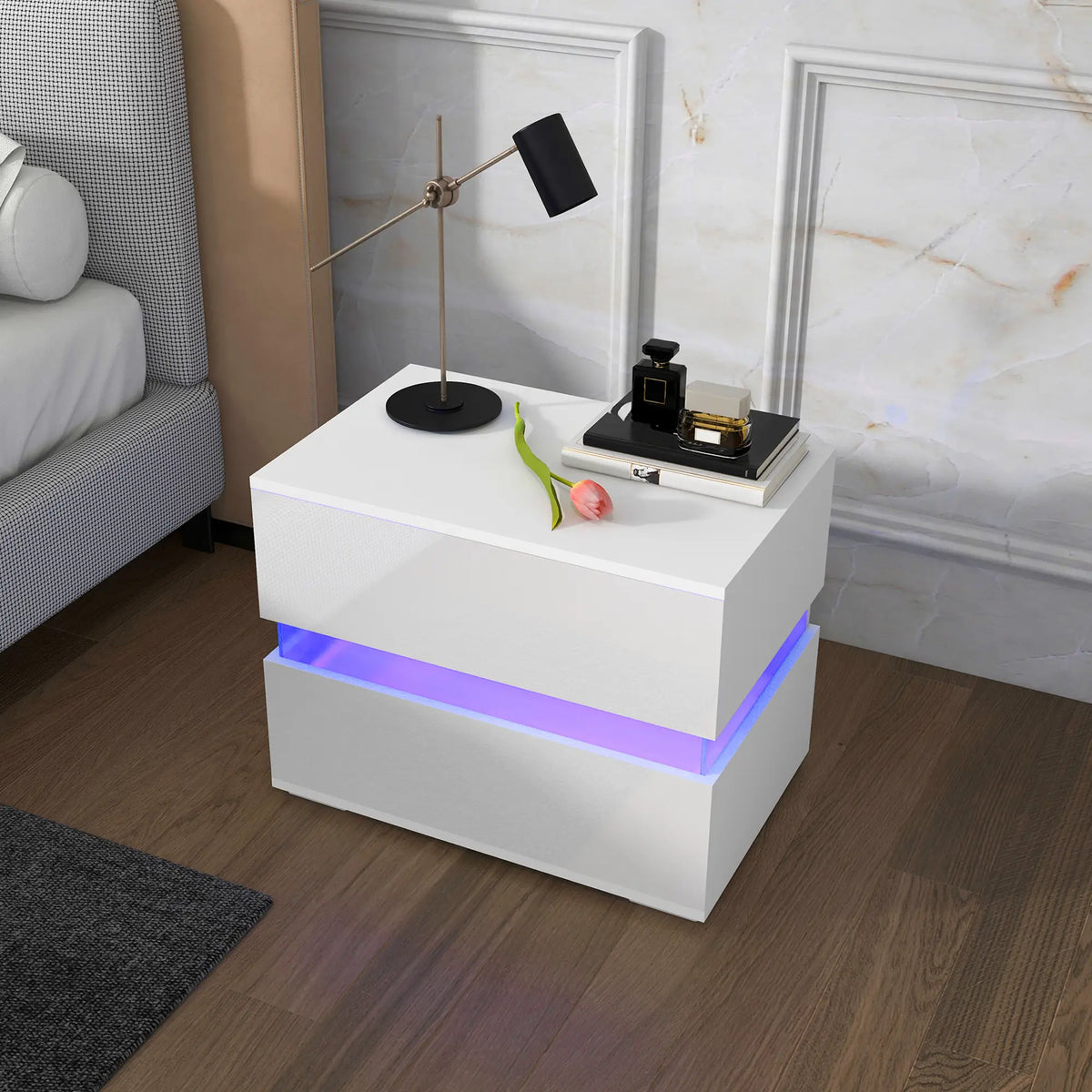 Modern Nightstand, 2 Drawers, USB RGB LED Lights, Remote, White Bedside Tables at Gallery Canada