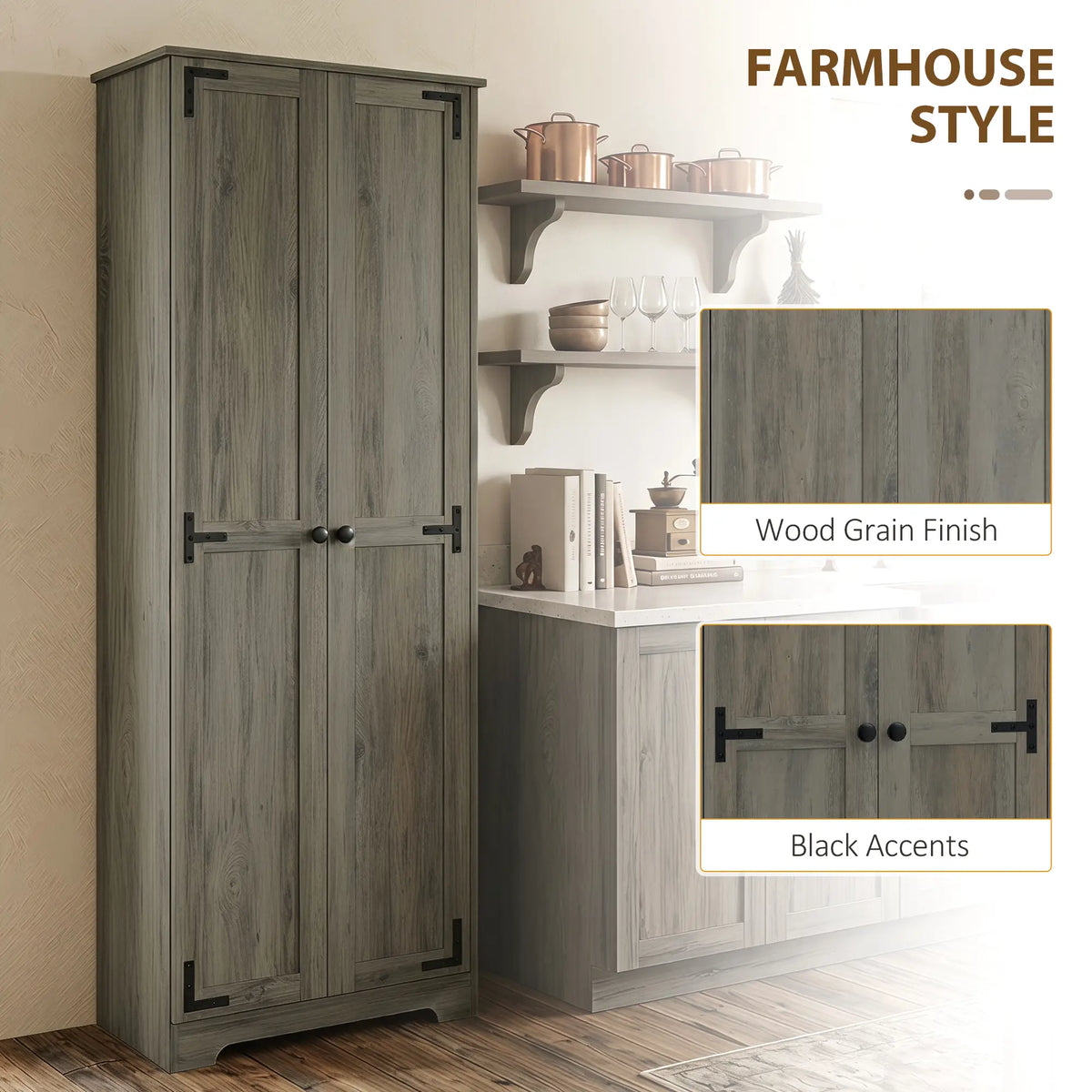 67" Farmhouse Pantry Cabinet, 2 Doors, Adjustable Shelves, Distressed, Grey Storage Cabinets at Gallery Canada