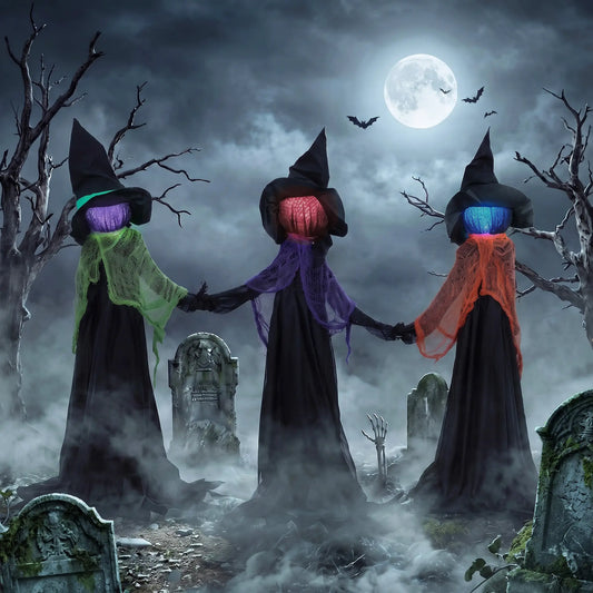 48" Witch Trio Yard Stake, Light-Up Multicolored Heads, Multicolored Halloween Decorations Black, Green, Orange, Purple at Gallery Canada