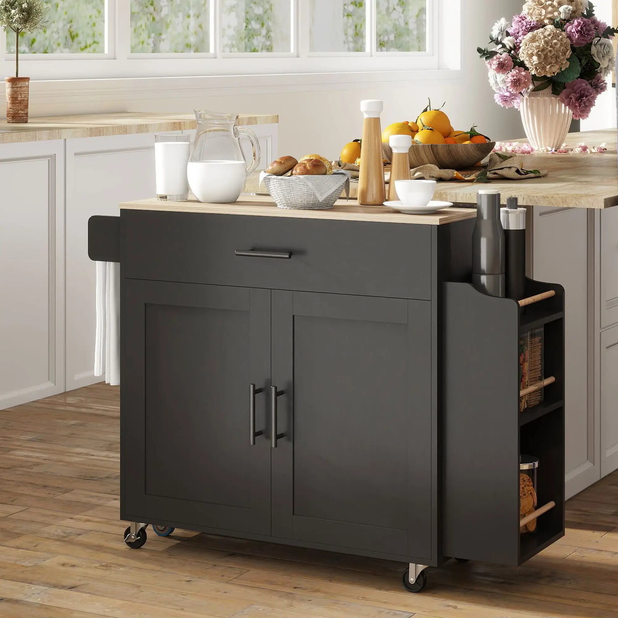 Kitchen Island with Storage, Rolling Cart, Foldable Drop Leaf, Power Outlet, USB Ports, Black Kitchen Islands & Kitchen Carts at Gallery Canada