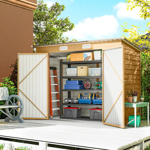 8 x 4FT Galvanized Metal Garden Storage Shed, Double Doors, 2 Vents, Yellow