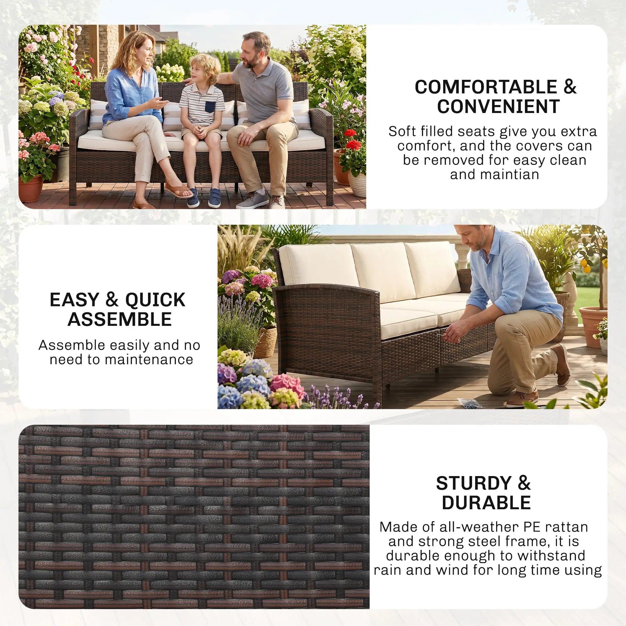 3-Seater Wicker Sofa, PE Rattan Outdoor Couch, Removable Cushions, Brown Patio Furniture Sets at Gallery Canada