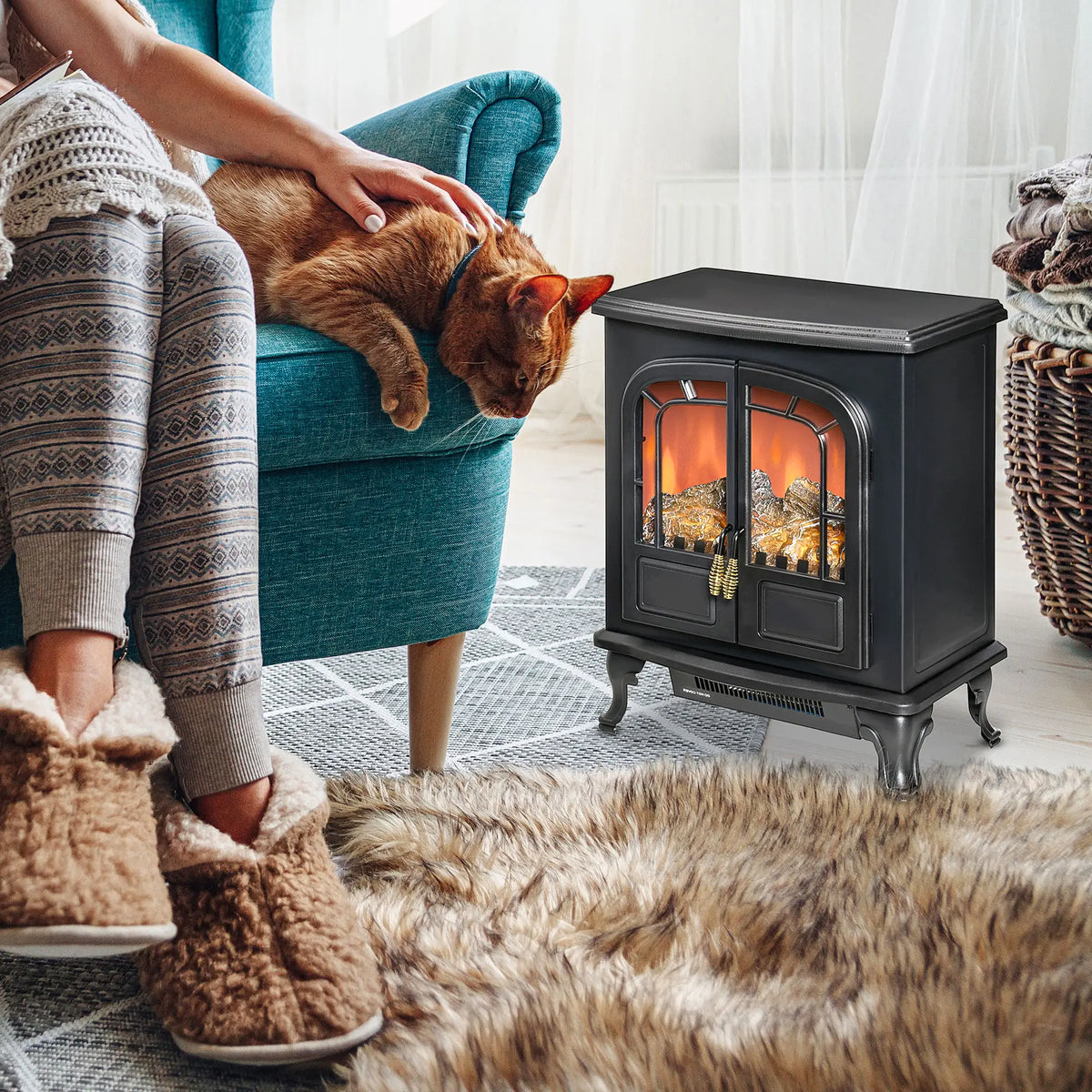 Electric Fireplace Stove Heater, LED Flame Effect, Double Door, Portable, Overheat Protection, 750W/1500W, Black Electric Fireplaces at Gallery Canada