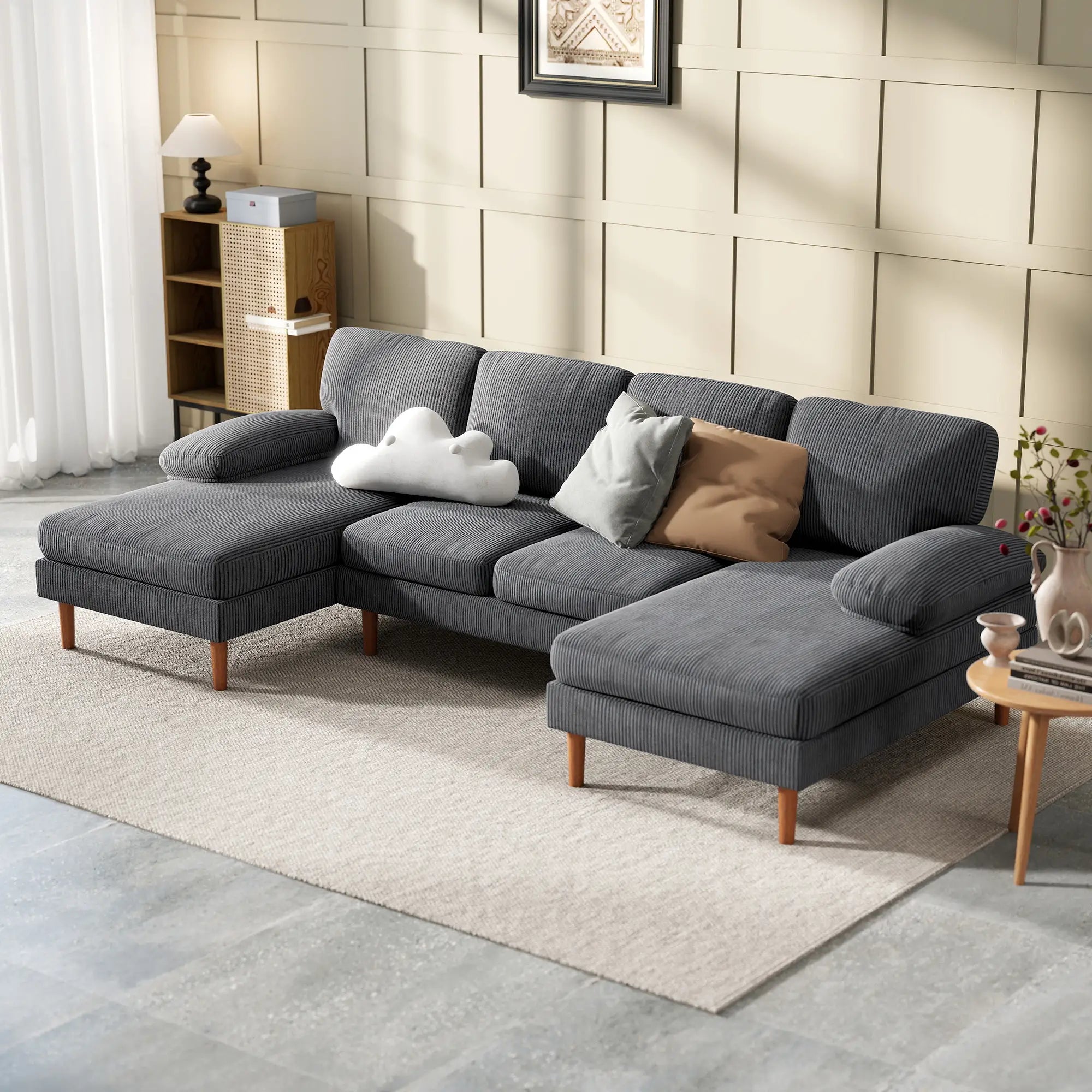 U Shape Couch with Double Chaise, Modern 4 Seater Sofa, Dark Grey 3-Seater Sofas at Gallery Canada