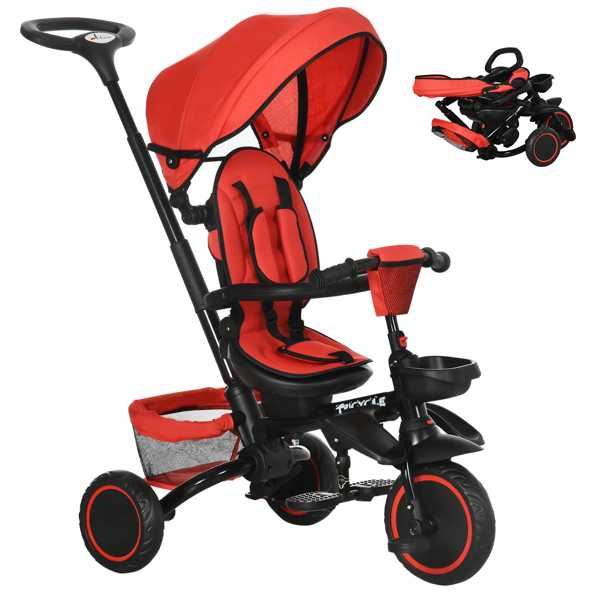 6-in-1 Toddler Tricycle, Foldable, Adjustable Seat, Push Handle, Red Tricycles for Kids Red, Black at Gallery Canada