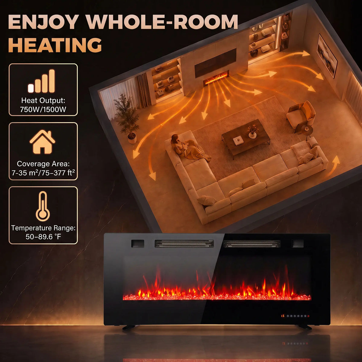 42" Electric Fireplace, Ultra-Thin Recessed, Wall Mounted, Black, Black Electric Fireplaces at Gallery Canada