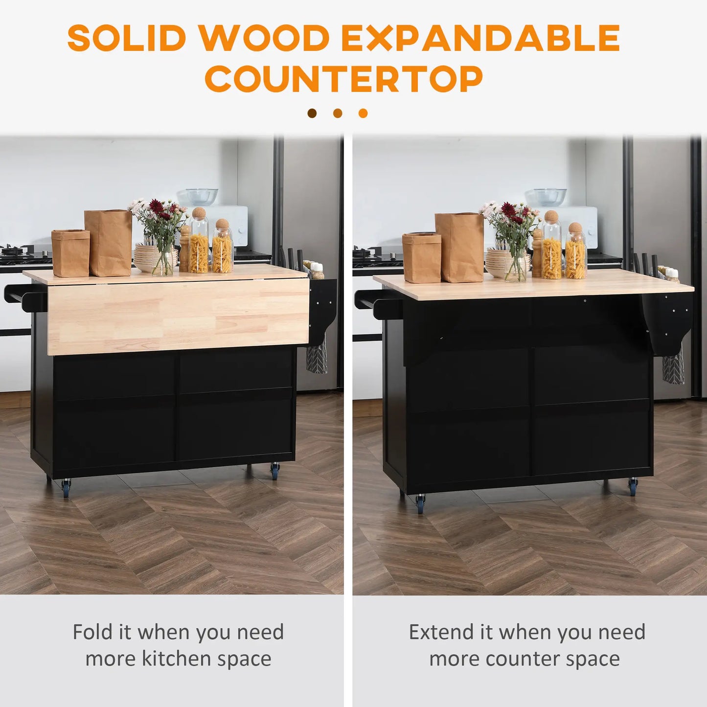 Kitchen Island with Storage, Drop Leaf, Rubber Wood Top, Black Kitchen Islands & Kitchen Carts at Gallery Canada
