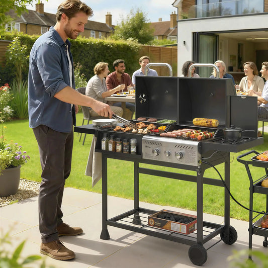 Dual Fuel BBQ Grill, Charcoal And Gas Burner, Black