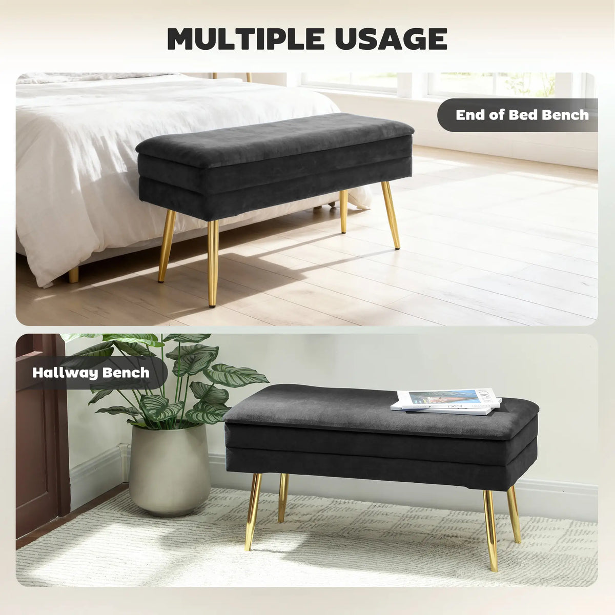31" Storage Ottoman, Velvet Bench With Steel Legs, Black Storage Ottomans & Benches at Gallery Canada